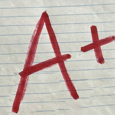 Notebook page with a large red A+ and handwritten comments saying Great work, keep it up! Excellent understanding!