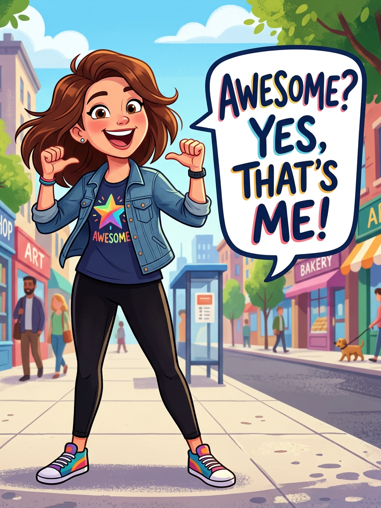 Young woman on city street pointing thumbs at herself with speech bubble saying 'Awesome? Yes, that's me!'
