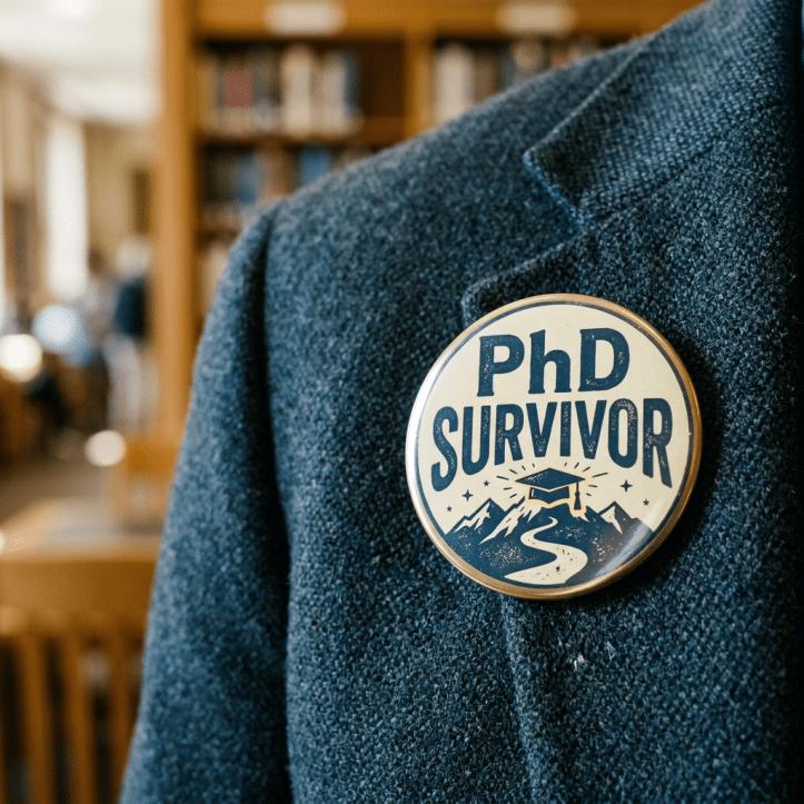'PhD Survivor' badge with mountain and graduation cap graphic pinned on blazer.