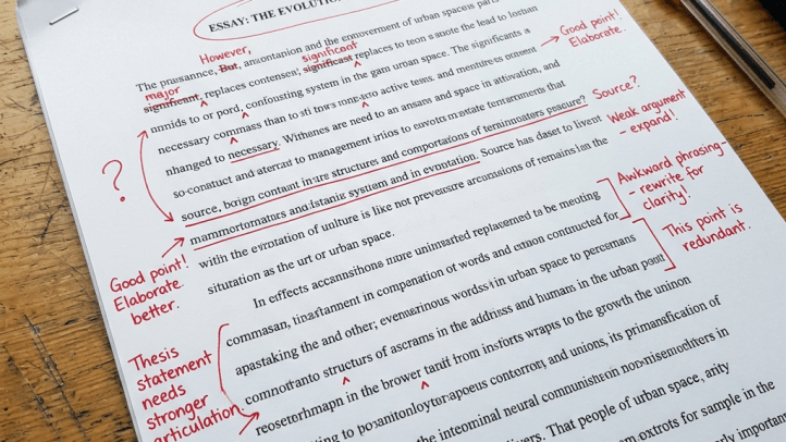 Printed essay draft with red ink annotations and editorial comments