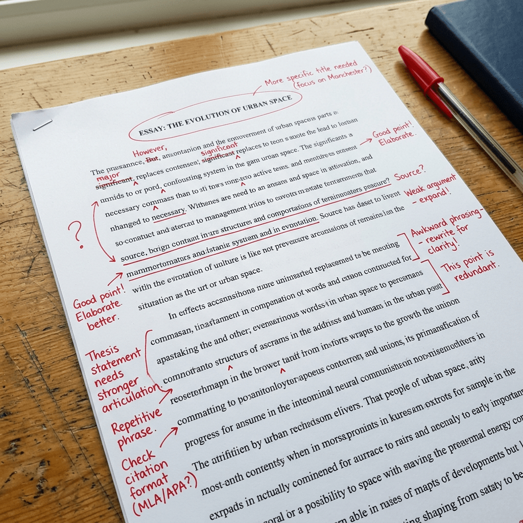 Printed essay draft with red ink annotations and editorial comments