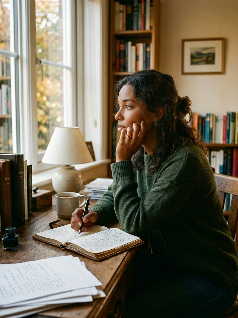 Woman writing in journal, looking thoughtfully out window in cozy study filled with books