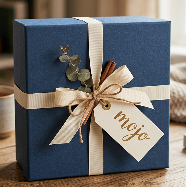 Navy blue gift box tied with cream ribbon, decorated with dried eucalyptus, cinnamon sticks, and tag reading 'mojo'