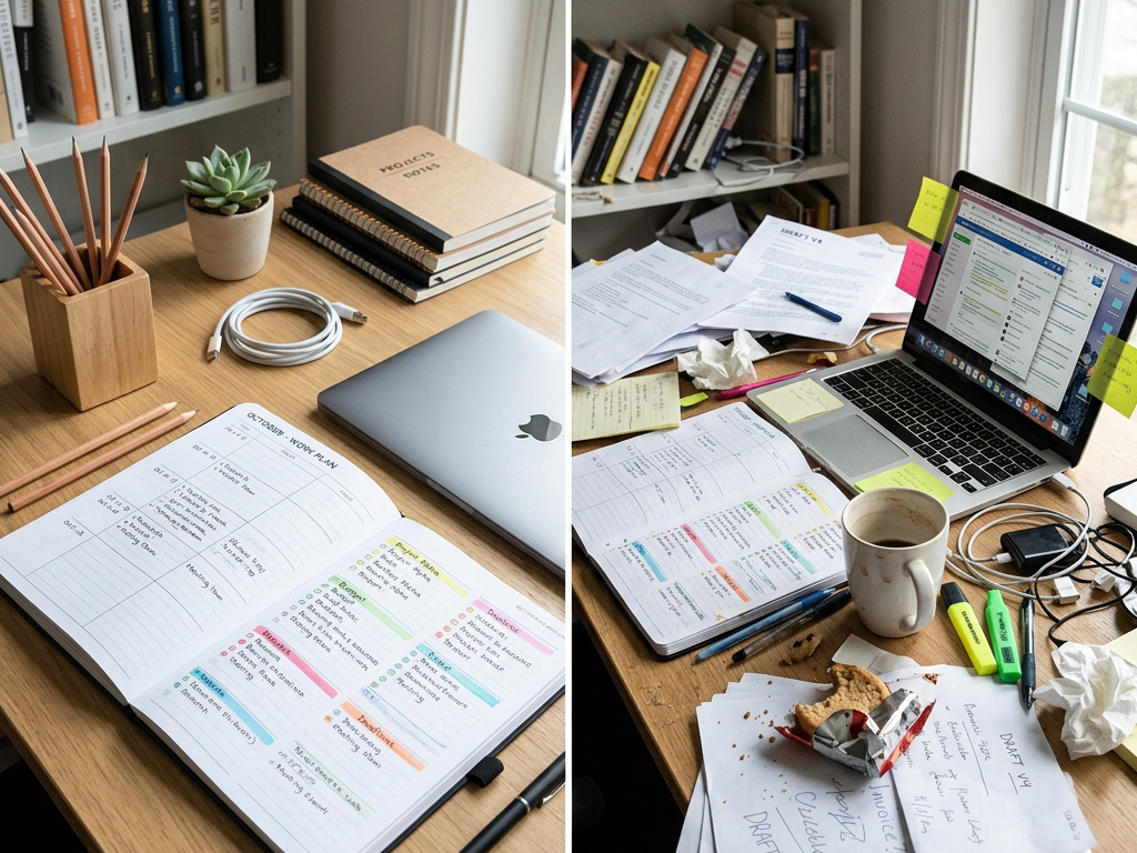 Side-by-side view of a tidy workspace with a planner and laptop and a messy desk with papers, laptop, and coffee cup