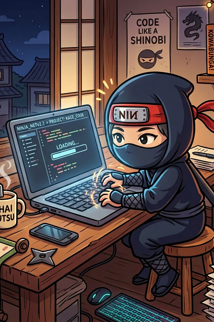 Ninja in dark outfit typing on laptop with code loading on screen