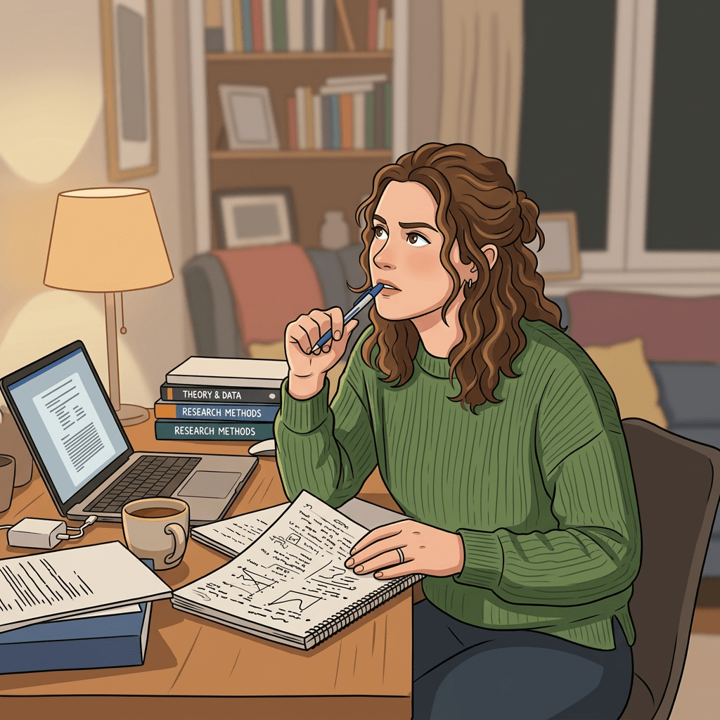 Woman holding a pen to mouth while studying notes with laptop and coffee on desk