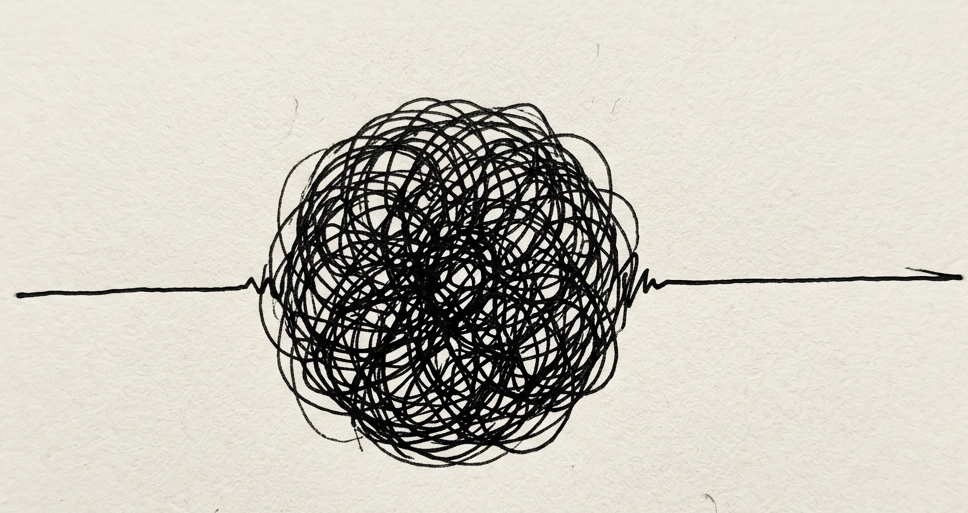 Dense black tangled scribble with straight lines and arrow ends