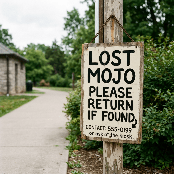 Sign reading 'Lost Mojo Please Return If Found Contact: 555-0199 or ask at the kiosk' outdoors