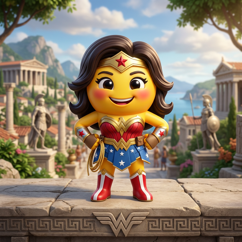 LEGO Wonder Woman figure standing with hands on hips in ancient Greek city setting