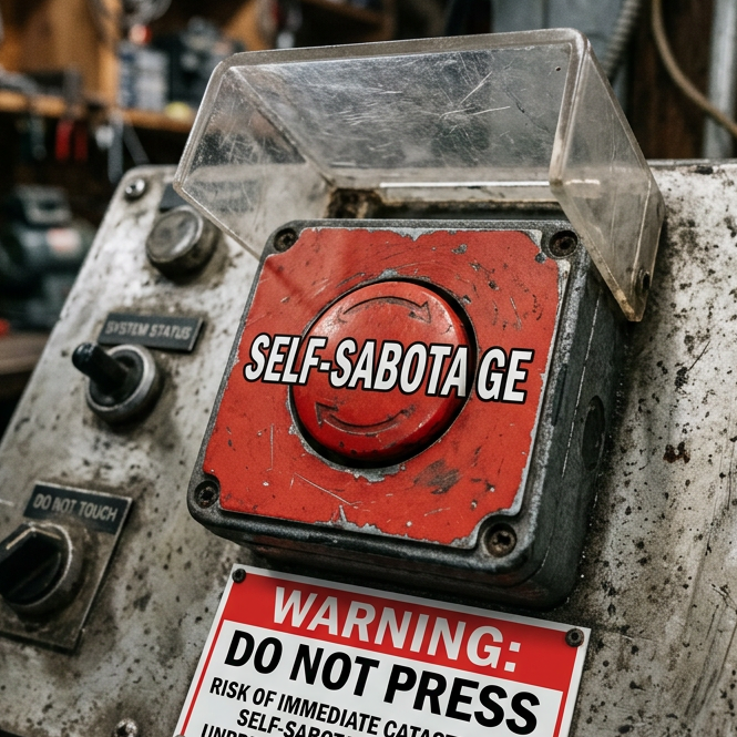 Large red emergency button labeled SELF-SABOTAGE with warning sign not to press due to risk of catastrophe