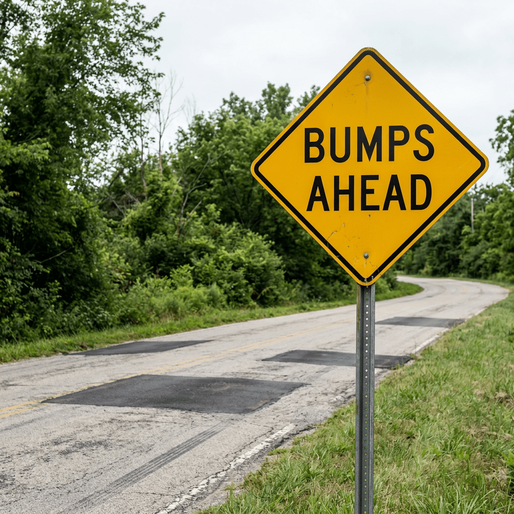 Yellow diamond-shaped road sign with text BUMPS AHEAD beside curved rural road