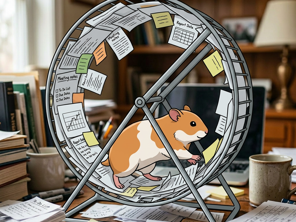 Hamster running in a wheel covered with meeting notes and to-do lists on a desk