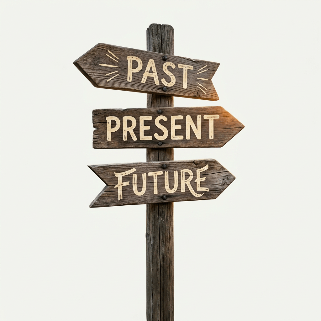 Wooden signpost with three arrows labeled Past, Present, and Future on a path with mountains and wildflowers